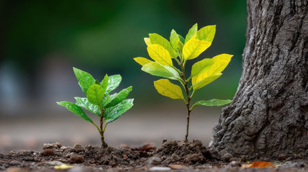 Two young plants thrive beside a sturdy tree trunk in a serene garden. The contrasting green and yellow leaves symbolize the beauty of growth and resilience in nature.の素材