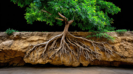 This stunning image features a majestic tree with sprawling roots gripping a rocky ledge, set against a dark backdrop, emphasizing nature's resilience and beauty.の素材