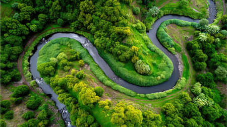 This stunning aerial shot captures a winding river flowing through a vibrant green landscape, showcasing the beauty of nature with rich foliage and clear water.の素材