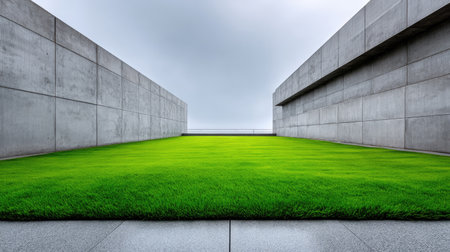 A striking minimalist landscape showcasing lush green grass framed by sleek concrete walls under a moody overcast sky, perfect for design and architecture themes.の素材