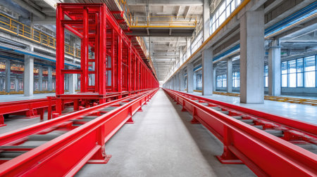 Expansive industrial interior showcasing vibrant red structural supports, empty pathways, and natural light illuminating the modern factory environment, emphasizing space.の素材