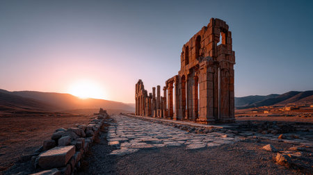 Experience the tranquil beauty of ancient ruins at sunset, showcasing the stunning architecture against majestic mountains and a beautifully clear sky.の素材
