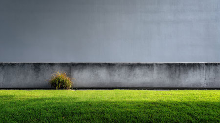 This image depicts a minimalist landscape featuring vibrant green grass against a gray concrete wall, creating a serene and modern atmosphere for design inspiration.の素材