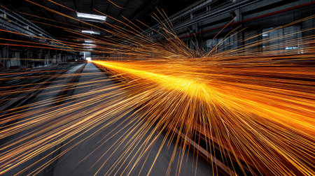 An impressive display of bright sparks emanating from machinery in a manufacturing facility, demonstrating the dynamic energy and action of industrial processes.の素材