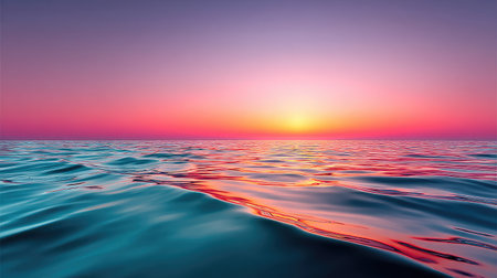 A breathtaking view of a vibrant sunset illuminating a calm ocean, with gentle waves reflecting the colorful sky, creating a serene and tranquil atmosphere.の素材