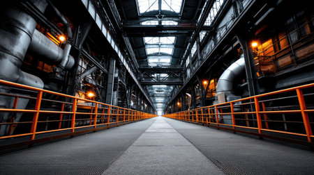 This image showcases an expansive industrial warehouse interior featuring dramatic lighting and linear perspective. The rich color palette creates an intriguing atmosphere.の素材