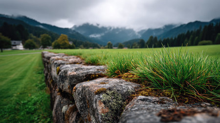 Experience the serenity of a lush green landscape featuring a rocky wall and majestic mountains in the background under an overcast sky, perfect for nature lovers.の素材