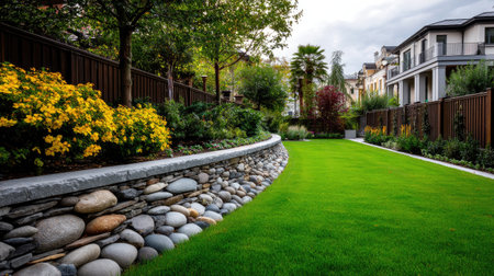 This stunning residential garden features a vibrant green lawn surrounded by colorful flowers and a stylish stone wall, creating a serene outdoor space perfect for relaxation.の素材