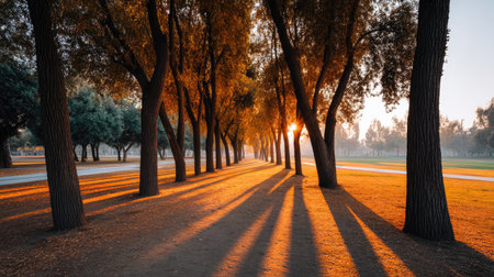A peaceful park scene where sunlight filters through trees, casting long, warm shadows on the ground, creating an inviting atmosphere for quiet reflection and relaxation.の素材