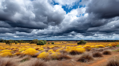 A stunning landscape showcasing a vast field of yellow grass under a dramatic sky filled with dark clouds and distant greenery, capturing nature's beauty and tranquility.の素材
