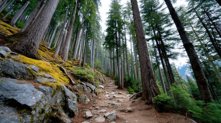 A picturesque forest trail leads through towering evergreen trees, with a rocky path and lush greenery, offering a perfect escape into nature's serene beauty.の素材