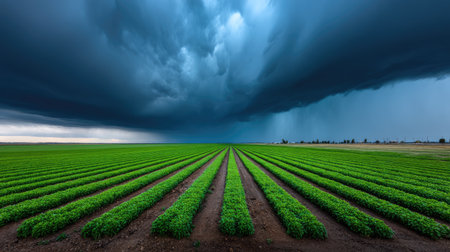 A stunning view of vibrant green crop rows stretching toward the horizon, with dramatic storm clouds looming above, creating a powerful contrast in nature's beauty.の素材