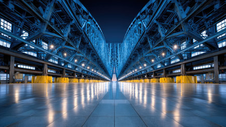 Explore a striking industrial space showcasing a modern architectural design with steel framework, polished floor, and captivating reflections amidst serene lighting.の素材