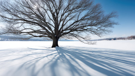A stunning solitary tree stands in a snow-covered landscape, casting intricate shadows. The clear blue sky above enhances the serene beauty of winter.の素材