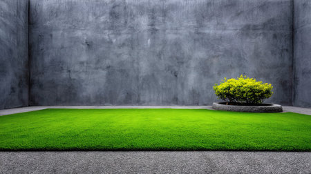 This captivating outdoor scene features lush green grass paired with a minimalist stone arrangement, beautifully contrasted against a textured concrete wall, promoting tranquility.の素材