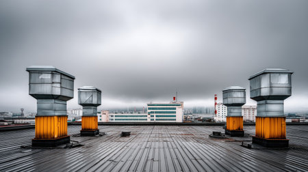 This industrial rooftop image features prominent ventilation units against a dramatic gray sky, capturing the essence of modern architecture in an urban setting.の素材