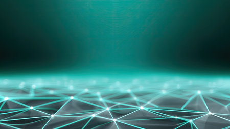 Experience a captivating abstract digital network background featuring glowing lines and nodes in calming teal colors, ideal for technology-themed projects.の素材