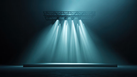 A striking image showcasing dramatic stage lighting with beams of light illuminating an empty performance area, creating an atmospheric and moody scene ideal for artistic projects.の素材
