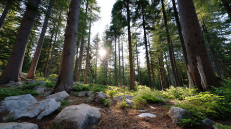 A peaceful forest scene featuring tall pine trees with sunlight filtering through their branches, creating a serene atmosphere in a lush natural environment.の素材