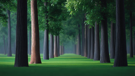A beautiful forest scene showcasing a pathway lined with tall trees, vibrant greenery, and sunlight filtering through leaves, evoking a sense of calm and tranquility.の素材