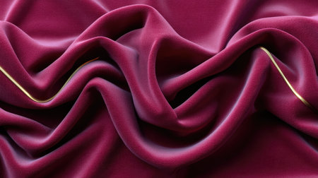 A stunning close-up of luxurious burgundy fabric featuring soft, flowing waves and a tastefully embroidered gold trim, ideal for backdrop designs or fashion projects.の素材