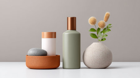 A beautifully arranged collection of home decor elements featuring stylish vases, fresh greenery, smooth stones, and clean lines, perfect for modern interiors.の素材