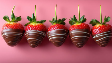 A visually appealing arrangement of luscious chocolate covered strawberries set against a vibrant pink background. Perfect for dessert lovers and special occasions.の素材