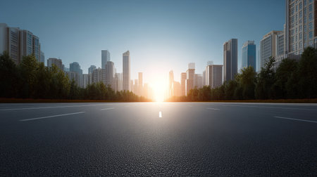 A captivating urban landscape features tall skyscrapers illuminated by a golden sunset. The empty road creates a sense of adventure and tranquility in this modern city.の素材