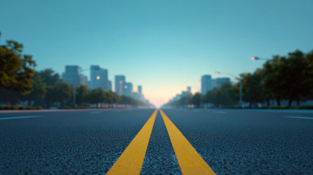 A tranquil scene showcasing an empty urban roadway stretching into a vibrant sunrise with a clear blue sky, perfect for themes of travel, exploration, and adventure.の素材