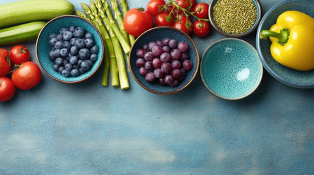 A vibrant display of fresh vegetables and fruits on a textured surface, showcasing diverse colors and healthy options ideal for meal preparation and cooking.の素材