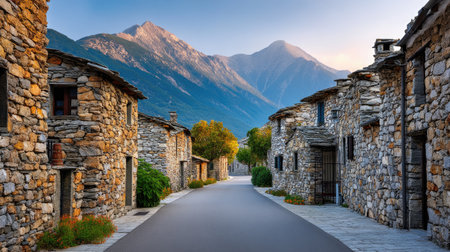 Explore the peaceful charm of a mountain village with stone houses, winding roads, and lush greenery, offering a picturesque escape into nature's embrace.の素材