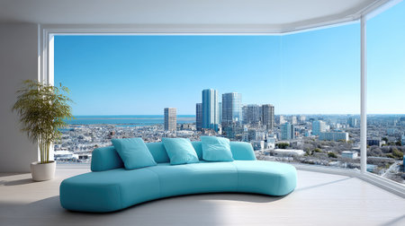 A stunning modern living room featuring a unique curved couch, large windows with panoramic cityscape and ocean views, perfect for relaxation and style in urban living.の素材