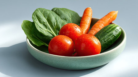 A selection of vivid vegetables featuring spinach, tomatoes, carrots, and cucumber arranged neatly on a textured plate, ideal for healthy meal inspirations and culinary creativity.の素材