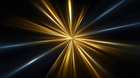 A captivating burst of golden and blue light rays emanates from the center against a dark backdrop, creating an abstract design ideal for various creative projects.の素材