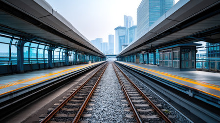 A tranquil view of a modern urban train station featuring empty platforms and railway tracks. The backdrop showcases a stunning skyline of contemporary buildings under soft dawn light.の素材