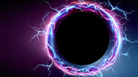 This image features a vibrant circular design with electric swirls and bursts of lightning, creating a striking visual ideal for technology themes and abstract art.の素材