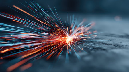 Dynamic close-up of bright sparks bursting from a metal surface, showcasing a vivid interplay of blue and orange colors in an industrial environment.の素材