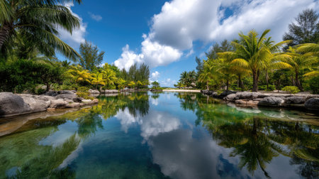 A stunning view of a tropical landscape showcasing vibrant palm trees and serene waters, reflecting a bright blue sky with fluffy clouds, perfect for relaxation.の素材