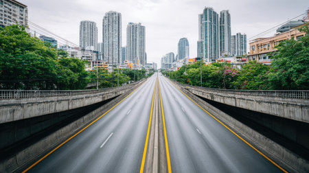 A serene urban roadway stretches into the distance, flanked by lush greenery and towering buildings under a cloudy sky, highlighting the contrast of nature and city life.の素材