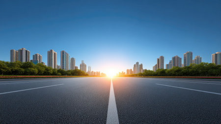 An empty road leads toward a bright sunrise with high-rise buildings flanking the scene. Lush greenery enhances the urban landscape, offering a moment of peace.の素材