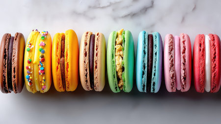 A beautifully arranged line of vibrant French macarons on a sleek marble surface, showcasing a variety of flavors and toppings, perfect for any dessert lover.の素材