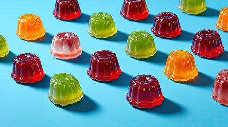 A vibrant array of colorful jelly desserts sits on a bright blue background, showcasing playful shadows that enhance the whimsical atmosphere ideal for culinary themes.の素材