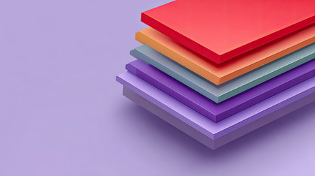 A visually pleasing arrangement of colorful stacked plates on a soft purple background, perfect for showcasing minimalist design trends in art and decor.の素材