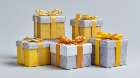 This image features a stylish arrangement of elegant gift boxes in silver and gold with ribbons. Perfect for showcasing celebrations, events, and festive occasions.の素材
