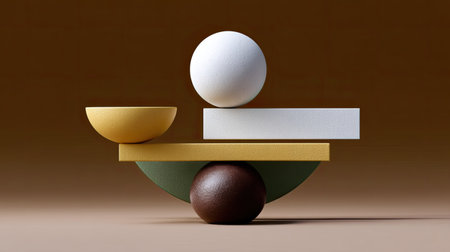 This abstract art piece displays a harmonious arrangement of geometric shapes, including spheres and rectangles, in soothing neutral tones for a minimalistic aesthetic.の素材