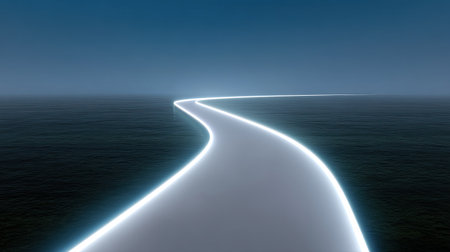 A gently curving road illuminated by soft light leads into the tranquil sea, creating a serene atmosphere perfect for visual storytelling and artistic inspiration.の素材