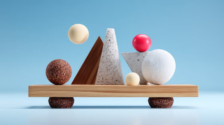 This artistic image showcases a balanced display of geometric shapes made from wood and stone, combined with colorful elements, perfect for modern design projects.の素材
