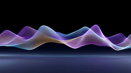 Dynamic wave patterns feature a blend of colorful light, creating a visually captivating abstract design perfect for art, technology, and modern aesthetic projects.の素材