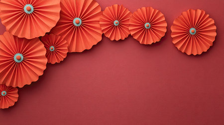 Bright orange paper decorations arranged on a vibrant coral background. Perfect for special events and creative projects, adding a cheerful touch to any setting.の素材