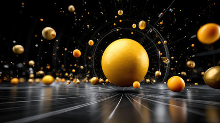 Immerse in a captivating digital landscape featuring golden spheres and luminous particles, creating a dynamic and elegant composition against a dark backdrop.の素材